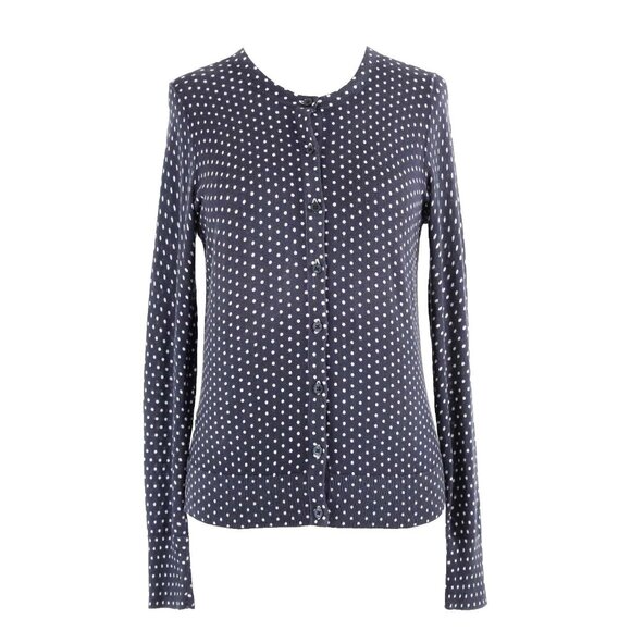 LOFT Sz XS Navy Blue With White Polka Dots Thin Button Up All Cotton Cardigan - Picture 1 of 4